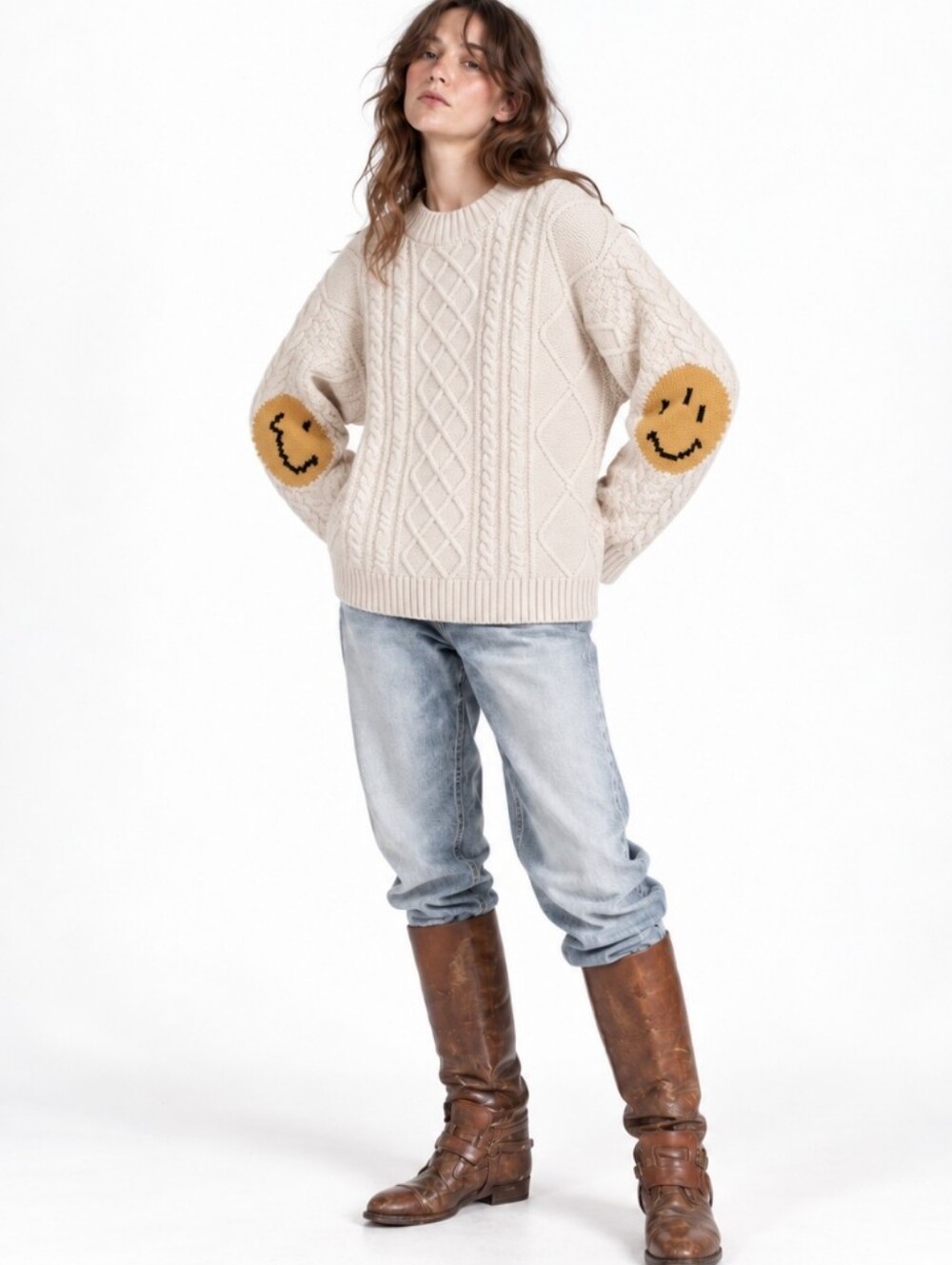 KAPITAL MADE IN JAPAN 5G WOOL CABLE KNIT PROFILE SMILEY PATCH SWEATER